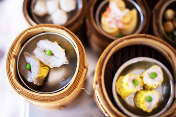 yumcha, dim sum in bamboo steamer, chinese cuisine