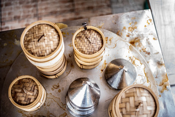 yumcha, dim sum in bamboo steamer, chinese cuisine