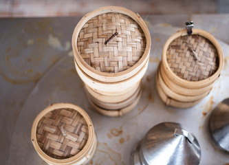 yumcha, dim sum in bamboo steamer, chinese cuisine