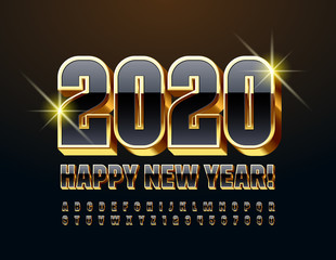 Vector stylish Greeting Card Happy Mew Year 2020. Chic 3D Font. Black and  Golden Alphabet.