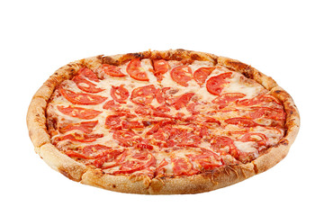 Margarita pizza arrangement isolated on white background.