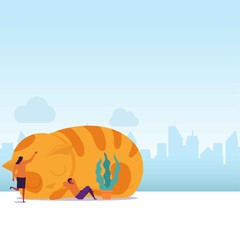 Cat lover flat vector concept couple sleep leaning on the cat and stroking cat's head.