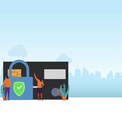Credit card security flat vector concept couple check protection of credit card with padlock and safety sign.