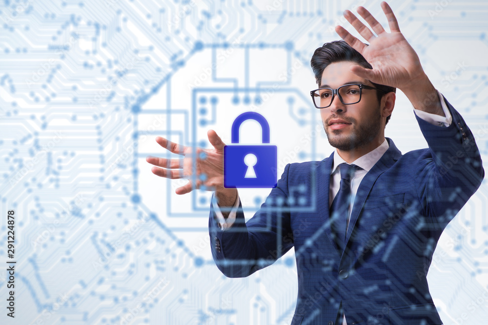 Poster man in digital security concept pressing button