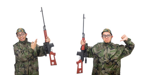 Military man with a gun isolated on white