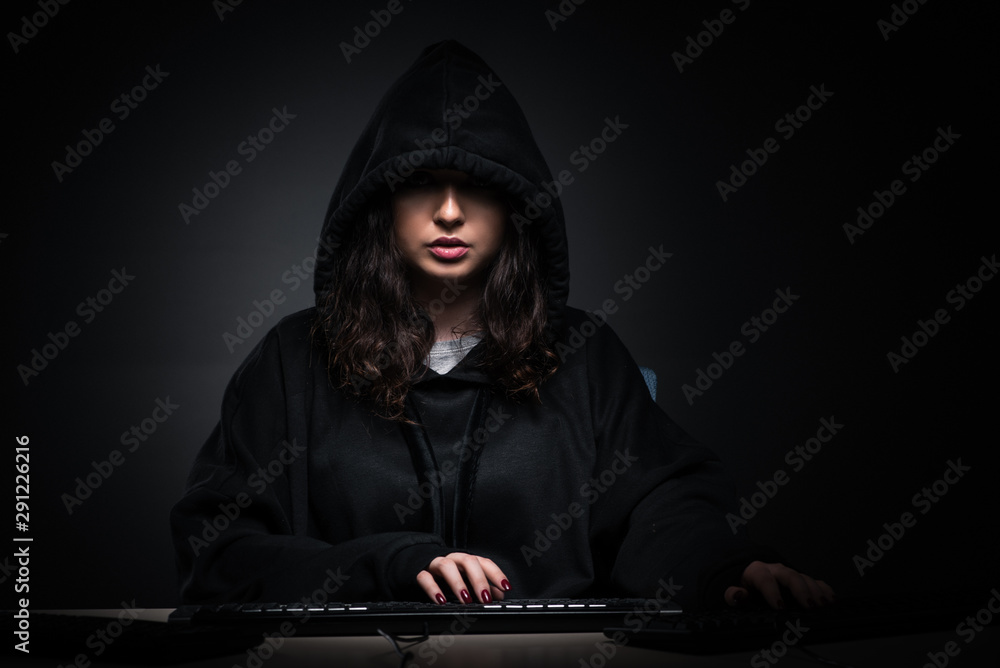 Poster female hacker hacking security firewall late in office