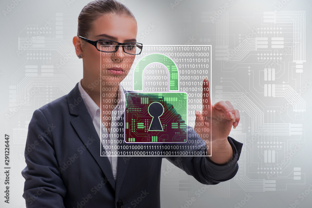 Poster man in digital security concept pressing button