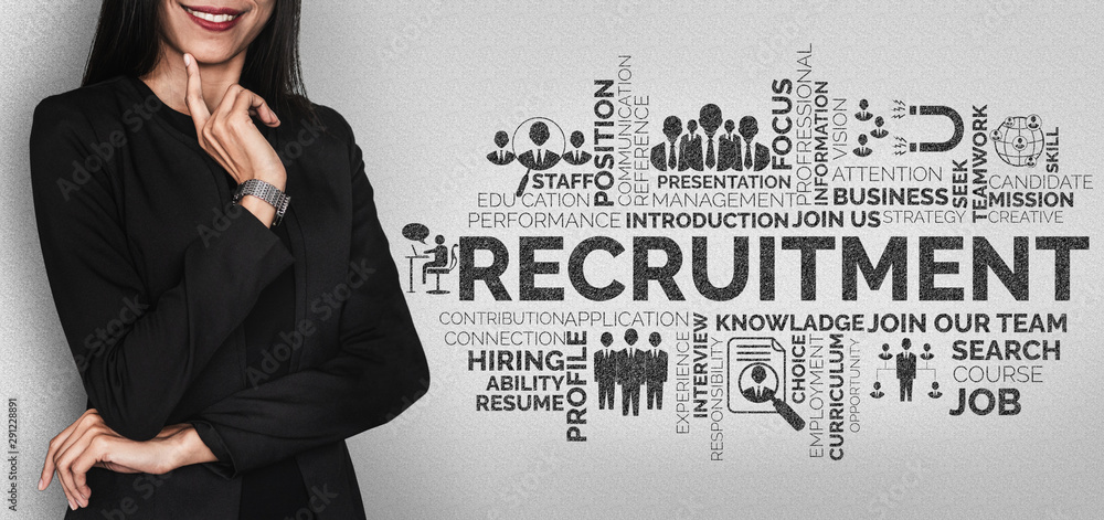 Poster human resources recruitment and people networking concept. modern graphic interface showing professi