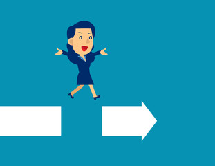 Jumping across the gap in arrow. Office leader concept, Business cute kid cartoon character design.