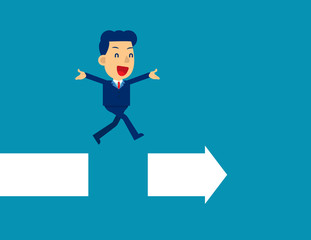 Jumping across the gap in arrow. Office leader concept, Business cute kid cartoon character design.
