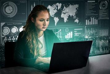 Big Data Technology for Business Finance Analytic Concept. Modern graphic interface shows massive...
