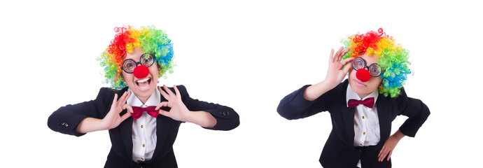 Woman clown businesswoman isolated on white