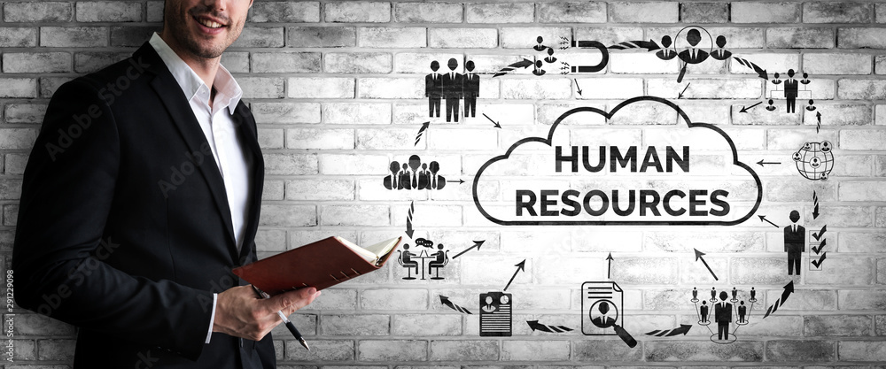 Poster human resources recruitment and people networking concept. modern graphic interface showing professi