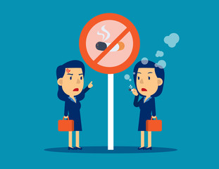 Bad person character smoking under signal no smoke. Vector flat cartoon style design.
