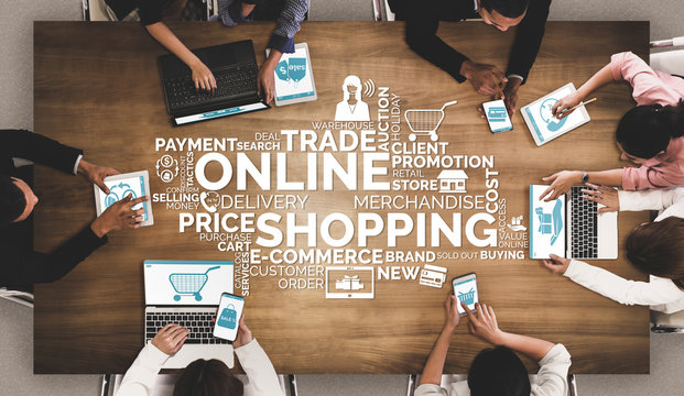 Online shopping and Internet Money Payment Transaction Technology. Modern graphic interface showing e-commerce retail store for customer to purchase product on the website and pay by online transfer.