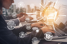 Digital Marketing Technology Solution for Online Business Concept - Graphic interface showing analytic diagram of online market promotion strategy on digital advertising platform via social media.