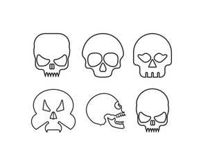 Set of human skull icon. Thin line. Isolated on white background. 