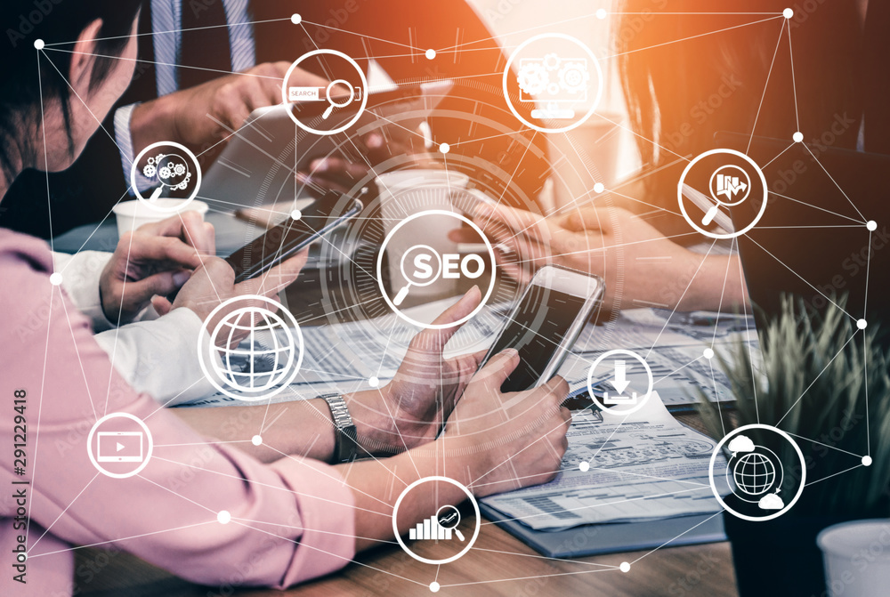 Poster seo - search engine optimization for online marketing concept. modern graphic interface showing symb