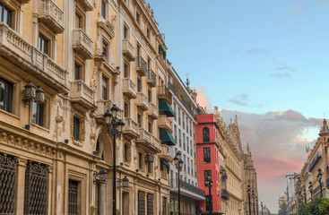 Spain, Seville streets at an early sunset in historic city center