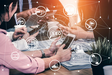 SEO - Search Engine Optimization for Online Marketing Concept. Modern graphic interface showing...