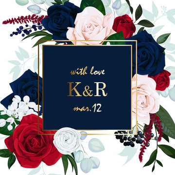 Wedding Invitation With Burgundy And Navy Blue Roses