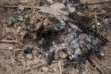 The Extinguished coals. Ashes and coals. The place where the bonfire was. Old bonfire.