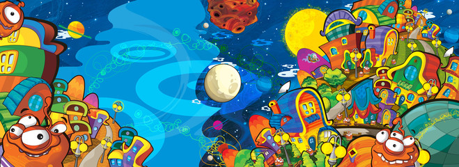 cartoon scene with some funny looking alien flying in ufo vehicle near some planet - white background - illustration for children
