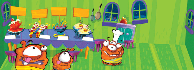 aliens in the house cooking ufo for kids - illustration for children