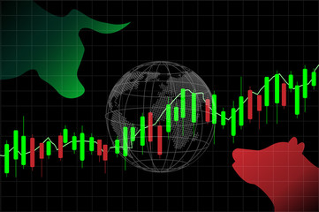 Stock market and exchange of world. Bull Market Vs. Bear Market . Candle stick graph chart of stock market investment trading. black background. Vector.