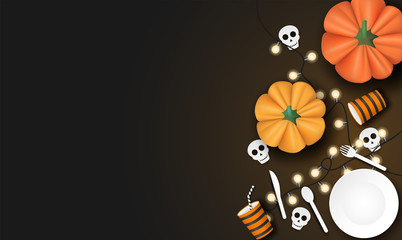 Happy Halloween. Design with spoon, dish, fork , knife , paper glass ,tableware ,light bulb and pumpkin on black background. Vector. illustration.