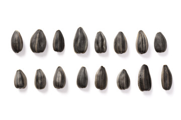 Collection of black sunflower seeds isolated on white, clipping path