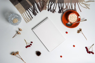 Autumn composition. Scarf, Cup of coffee with marshmallow, notepad, candle, Rowan and hawthorn berries, wild grass seeds on a white background.