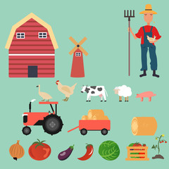 big set of vector farm elements and animals 