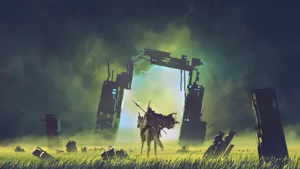 Foto op Canvas de futuristische ridder op een zwarte eenhoorn die het gebroken portaal naar een andere wereld betreedt, digitale kunststijl, illustratie, schilderkunst © grandfailure