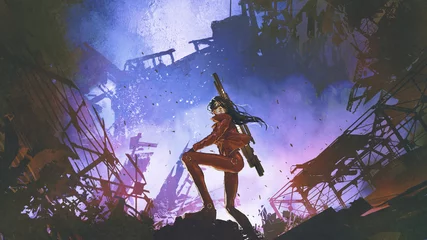 Papier Peint photo Grand échec femme soldat futuriste avec pistolet debout contre la ville en ruine, style art numérique, peinture d& 39 illustration