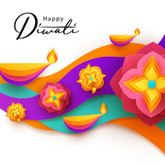 Diwali Hindu festival greeting design in paper cut style with oil lamps on colorful waves and beautiful flowers of lights. Holiday background for branding greeting card, banner, cover, flyer or poster