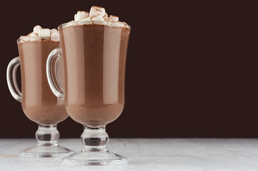 Autumn warm drink - hot cocoa with marshmallows, cocoa powder on dark brown background, copy space.