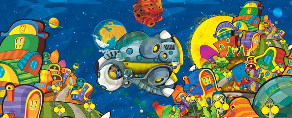 Obraz na płótnie Canvas cartoon scene with some funny looking alien flying in ufo vehicle near some planet - white background - illustration for children