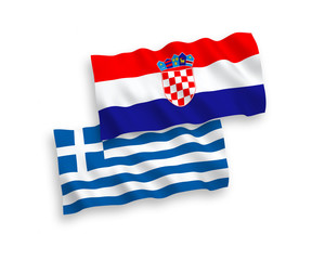 National vector fabric wave flags of Greece and Croatia isolated on white background. 1 to 2 proportion.