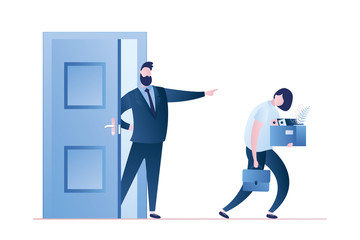 Businessman dismissed woman worker. Boss fire female employee. Business people characters in trendy style