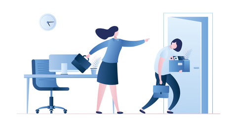 Businesswoman dismissed worker. Caucasian female boss fire woman employee. Business people characters in trendy style.