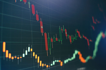 Technical price graph and indicator, red and green candlestick chart on blue theme screen, market...