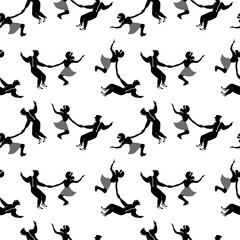Seamless pattern with couples dancing jazz. Black and white colors. 1940s and 1930s style. Woman in skirt with dots and man with suspenders and hat.