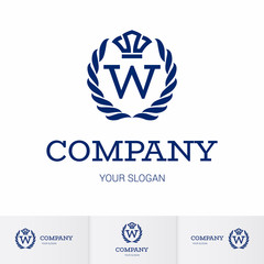 Illustration of Luxury Vintage Crest Logo with letter W in the Middle and Luxury Crown. Calligraphic Royal Emblems and Elements Logo Icon Template on White Background