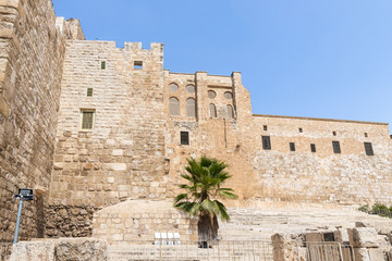 Part of the wall of the temple mountain and the dome of the Al Aqsa Mosque near the Dung Gate in the Old City in Jerusalem, Israel