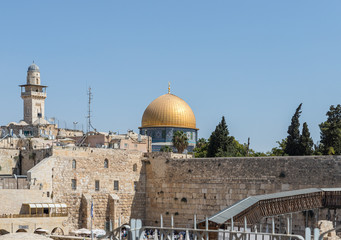 Fototapeta na wymiar View of the East Wall, El Fahria Mosque and Al Aqsa Mosque in the Old City in Jerusalem, Israel
