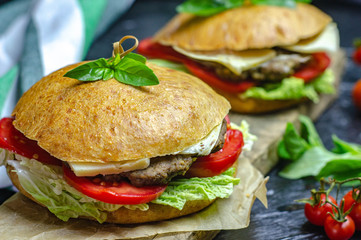Healthy homemade burger with beef, tomatoes, cheese and basil