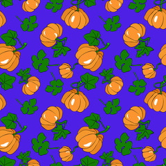 Hand-drawn pumpkins with leaves on purple background. Vector seamless pattern. Autumn harvest theme design template.