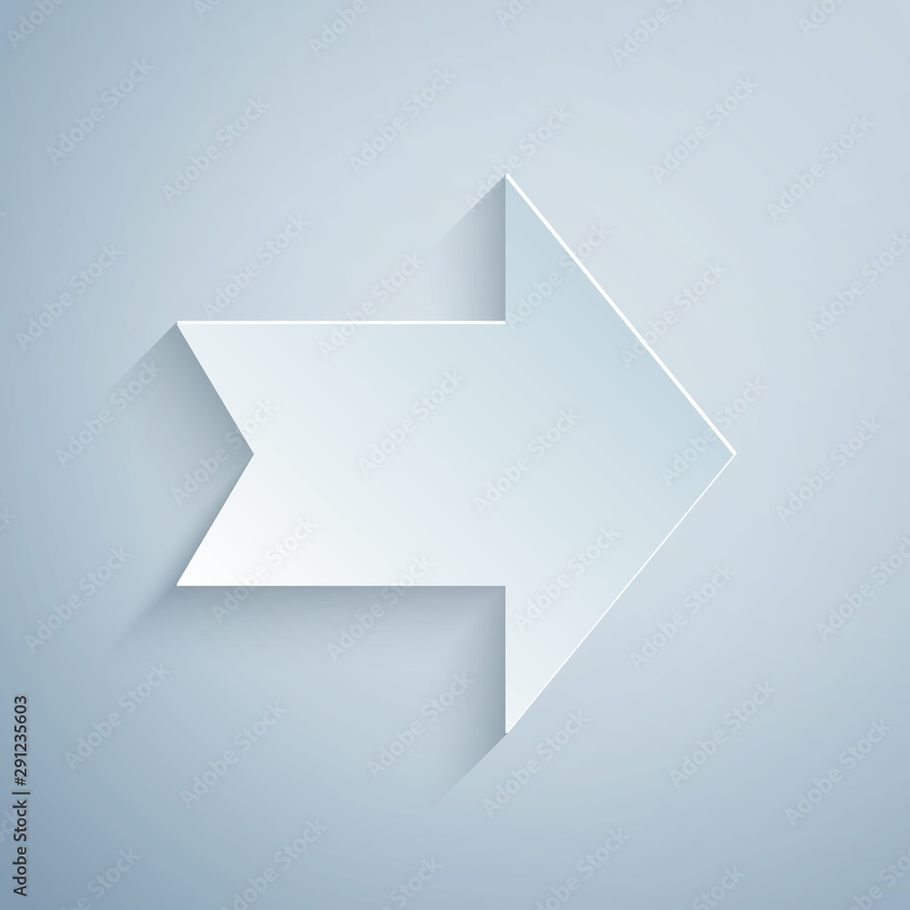 Poster paper cut arrow icon isolated on grey background. direction arrowhead symbol. navigation pointer sig