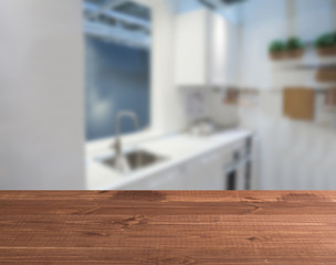 abstract blur inside interior contemporary kitchen loft decoration style with wood plank perspective background for show promote content ,product on disply